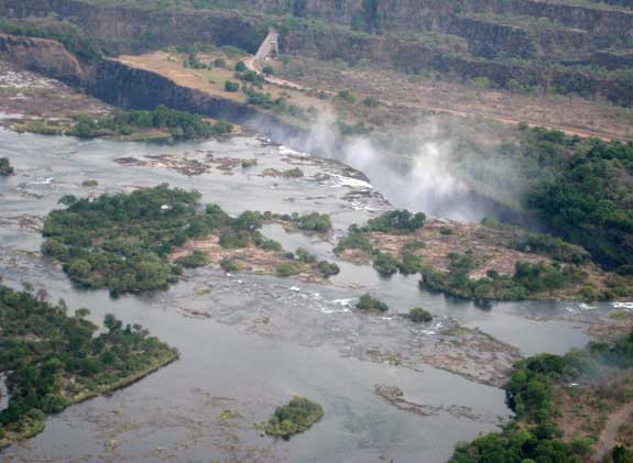 Victoria Falls from above with mist