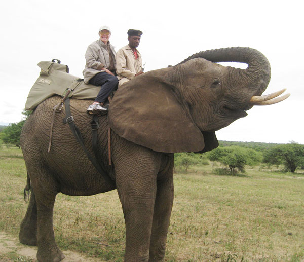 Janet Wordsworth riding elephant in South Africa