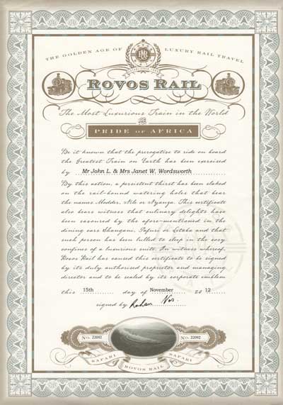 Rovos Rail Certificate