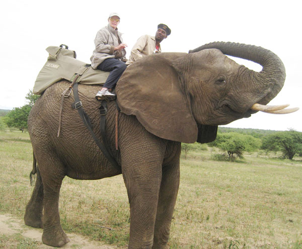 Janet Wordsworth riding an elephant in South Africa