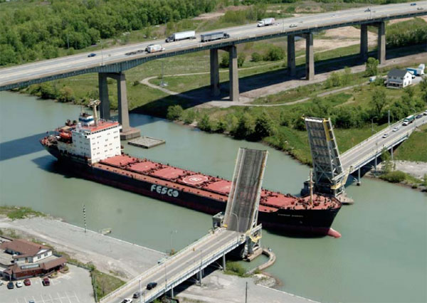 Ship in Welland Canal under Garden City Skyway